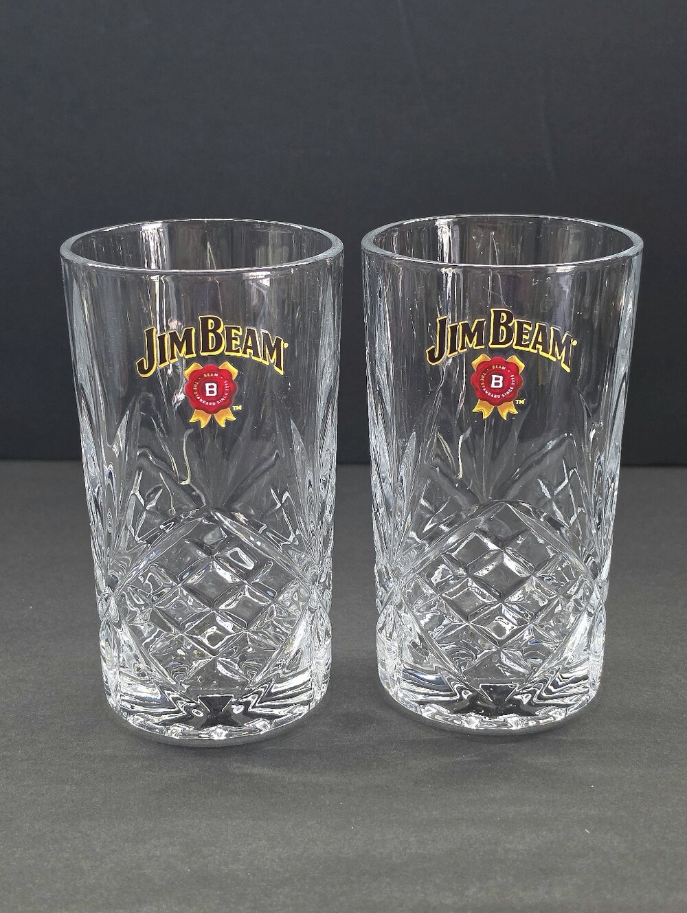 2-VTG Crystal Jim Beam Rosette Etched High Ball Glass Logo Barware Collectible
